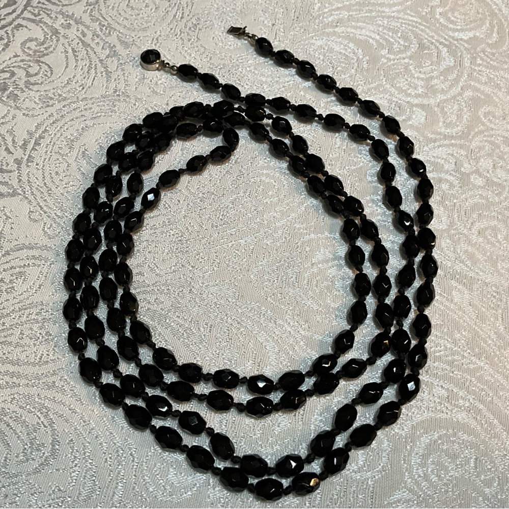 Made in Austria Very Long Faceted Black Beaded Necklace Vintage Box Clasp